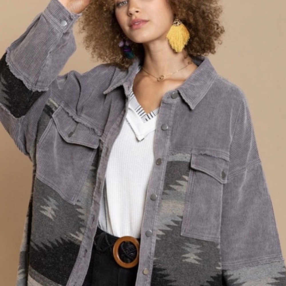 Corduroy Aztec Oversized Button Down Shirt Jacket Shacket Small